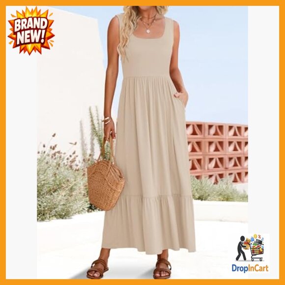 Sleeveless Square Neck Pleated Swing Maxi Dress Casual Tiered Flowy with Pockets - Picture 2 of 7